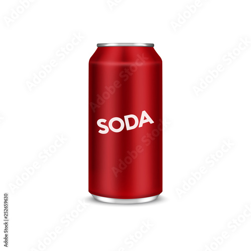 Red aluminium beer can or soda pack mock up. Metallic cans isolated on white background. Vector illustration.
