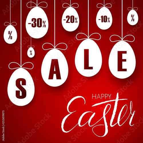 Easter sale banner. Easter hanging eggs, cartoon ribbon bow, red background. Tag template for holiday Easter decoration, label discount, special offer. Lettering text design. Vector illustration