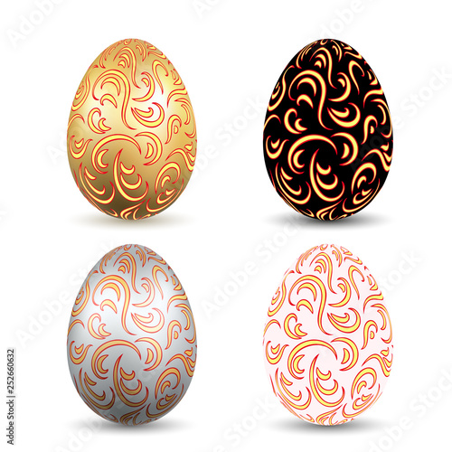 Easter egg 3D icons. Ornate color eggs set, isolated white background. Swirl realistic design, decoration Happy Easter celebration. Holiday ornamental element. Spring pattern. Vector illustration