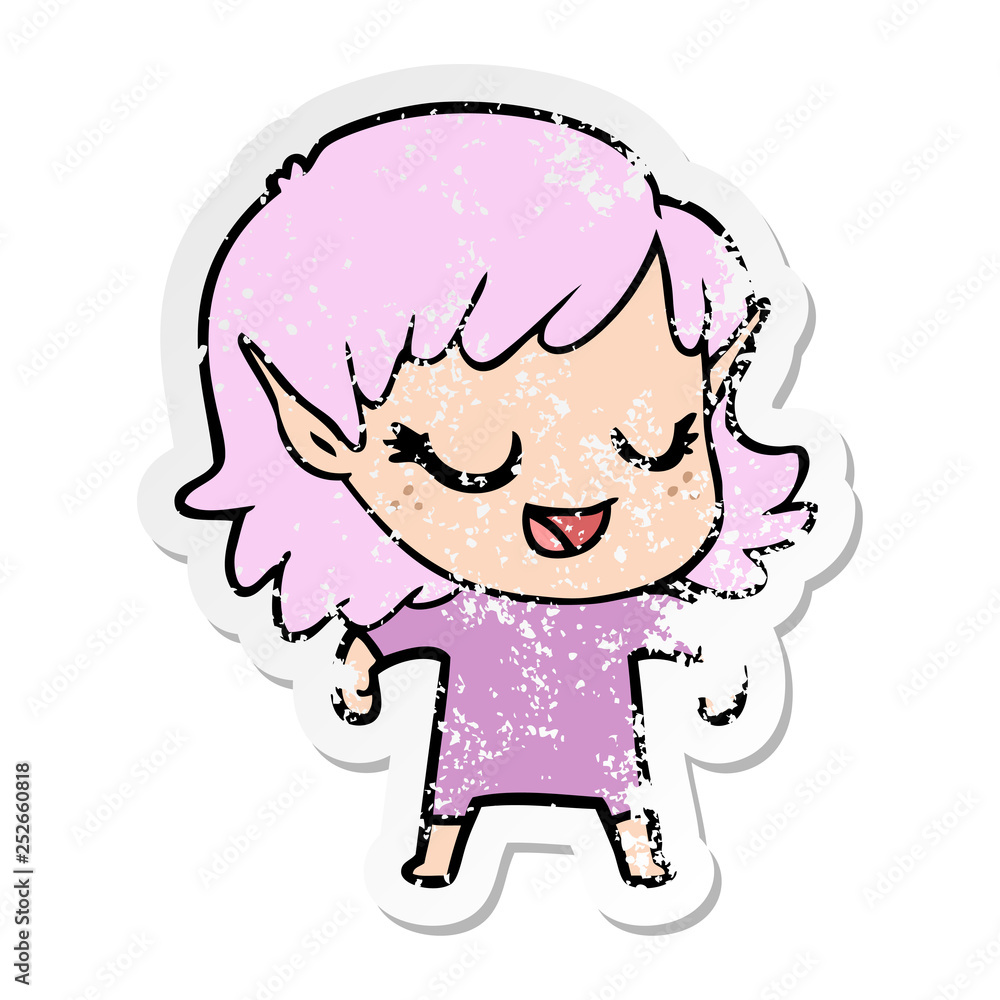distressed sticker of a happy cartoon elf girl distressed sticker of a happy cartoon elf girl