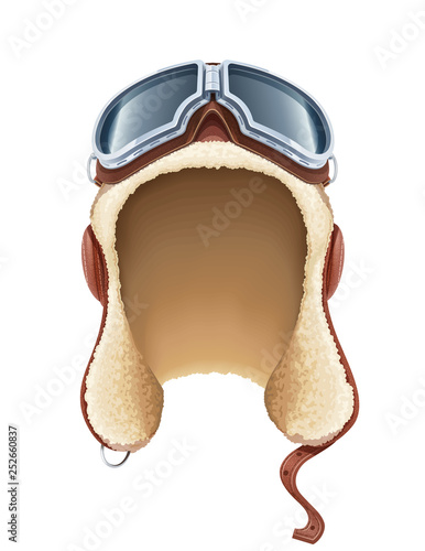 Pilot leather helmet. Winter hat with fur. Aviator headgear. Air trend. Male fashion. Warm dress. Occupation equipment. Isolated white background. Eps10 vector illustration.