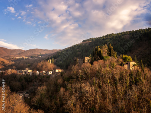 Landscape view of Lunigiana, north Tuscany, Italy. View of Verrucola coming from Pognana. Beautiful spring evening. Italian countryside. photo