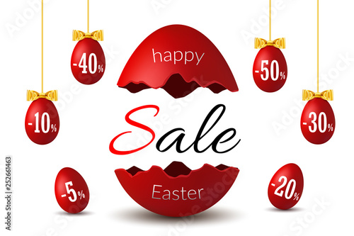 Easter egg text sale. Happy Easter broken egg 3D template isolated white background. Design banner, greeting, promotion, holiday decoration, special offer. Label tag discount. Vector illustration
