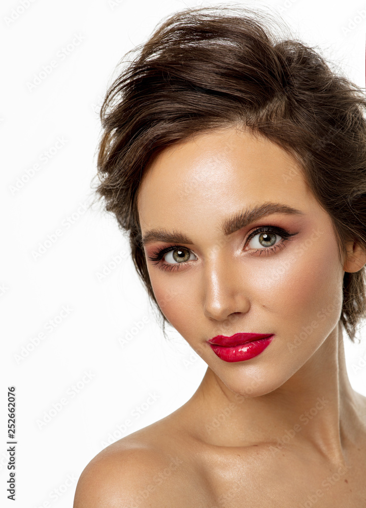Photo of female face with red lips isolated on white background Photo of female face with red lips isolated on white background