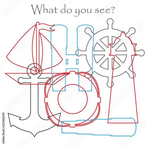 Find hidden objects on the picture, marine theme, mishmash contour set, fun education game for kids, preschool activity for children, vector illustration