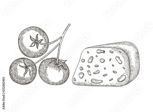 delicious cheese and tomatoes isolated icon