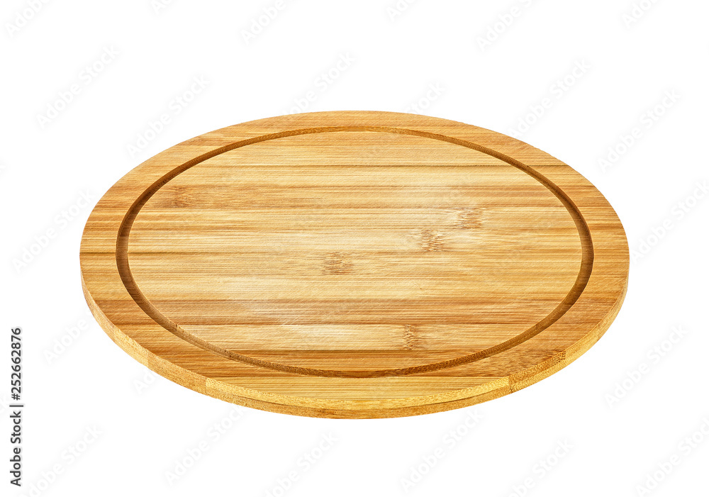 Closeup of a round wooden cutting board isolated on white background. Pizza board.