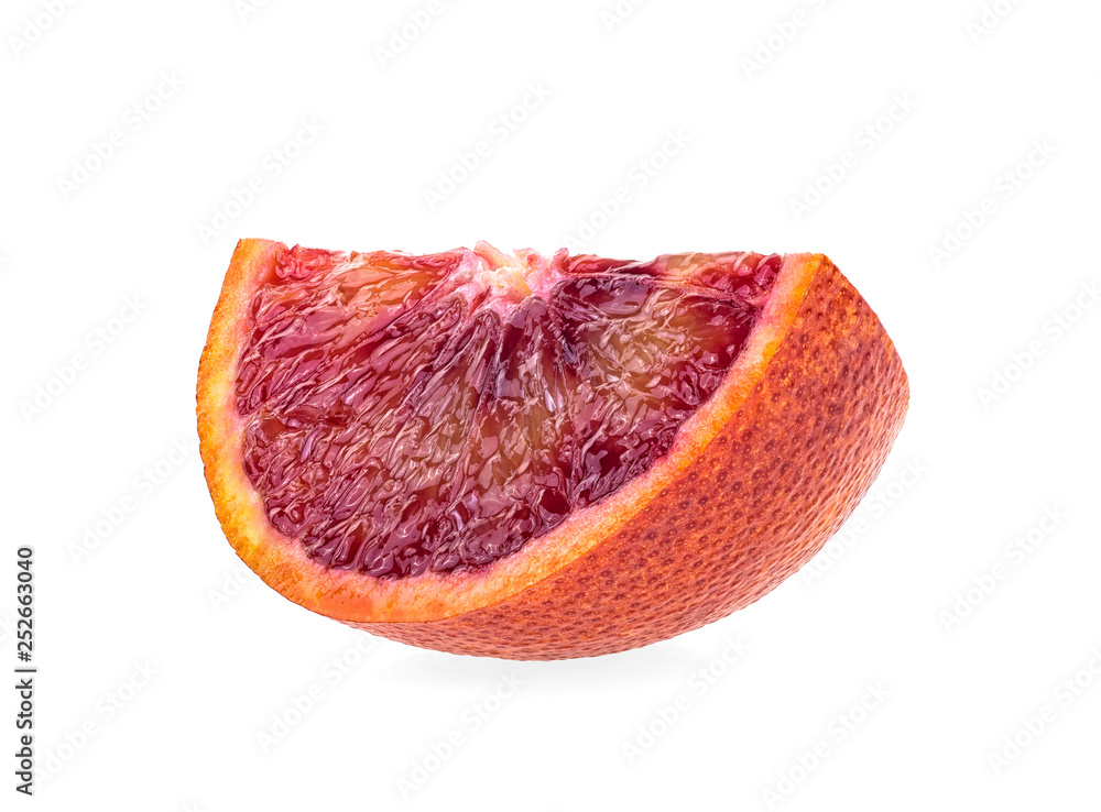 Juicy slice of Sicilian orange fruit isolated on white background Juicy slice of Sicilian orange fruit isolated on white background