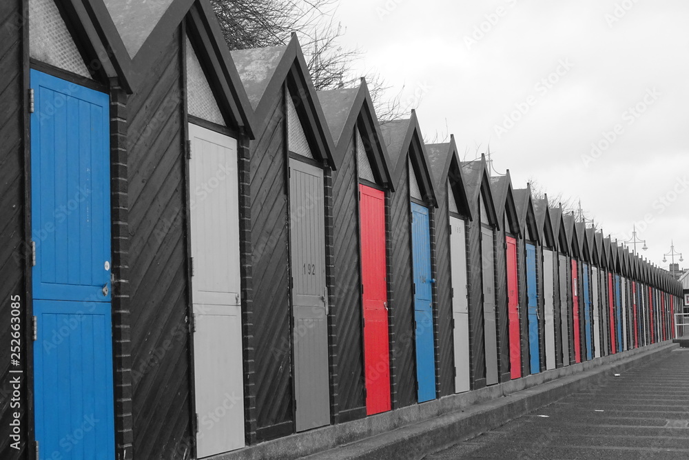 Fototapeta premium Colourful beach huts at Lowestoft Beach, Suffolk