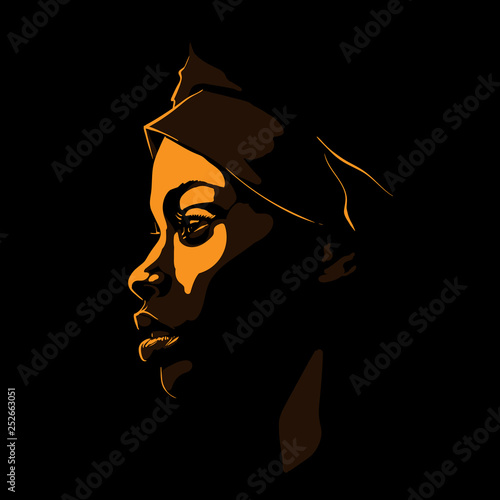 Black African woman portrait silhouette in backlight. Vector. Illustration.