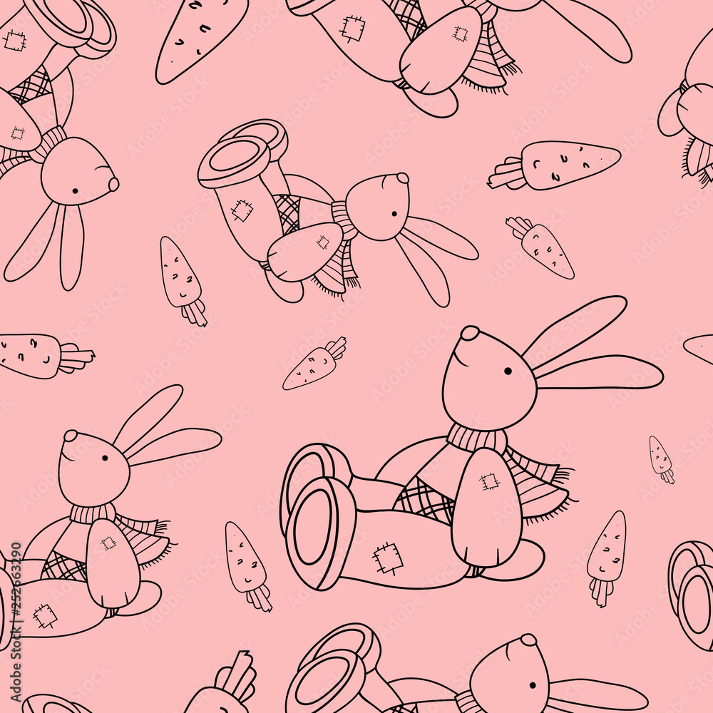 Vector illustration, seamless pattern, cartoon character, rabbit and carrot
