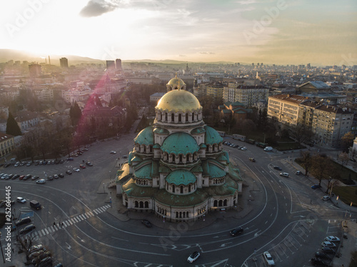 Orthodox Cathedral Alexander Nevsky, in Sofia, Bulgaria. Aerial photography in the sunset