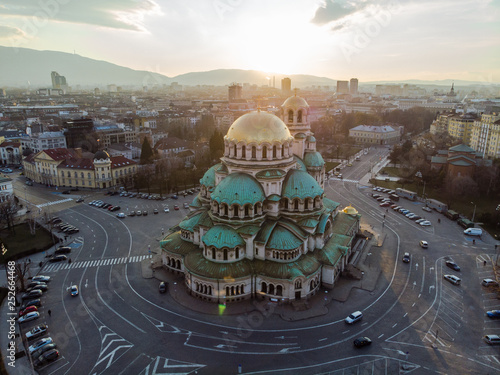 Orthodox Cathedral Alexander Nevsky, in Sofia, Bulgaria. Aerial photography in the sunset photo