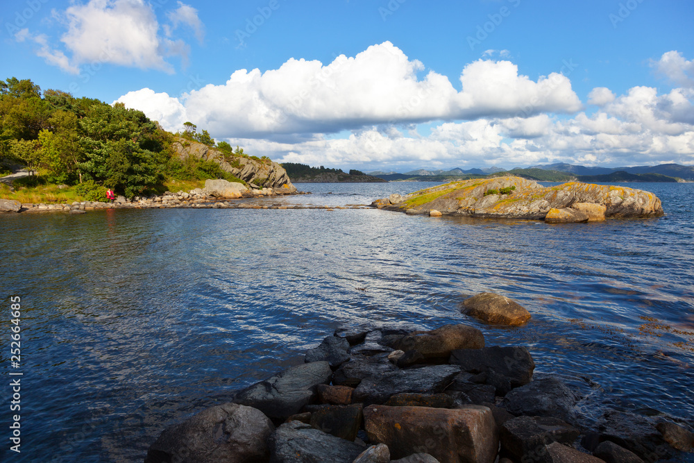 Colorful summer landscape with sea and mountains in Norway.