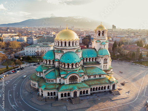 Orthodox Cathedral Alexander Nevsky, in Sofia, Bulgaria. Aerial photography in the sunset