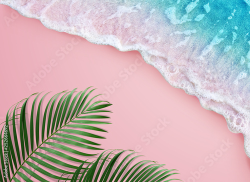 tropical palm leaf and soft blue wave on pink background