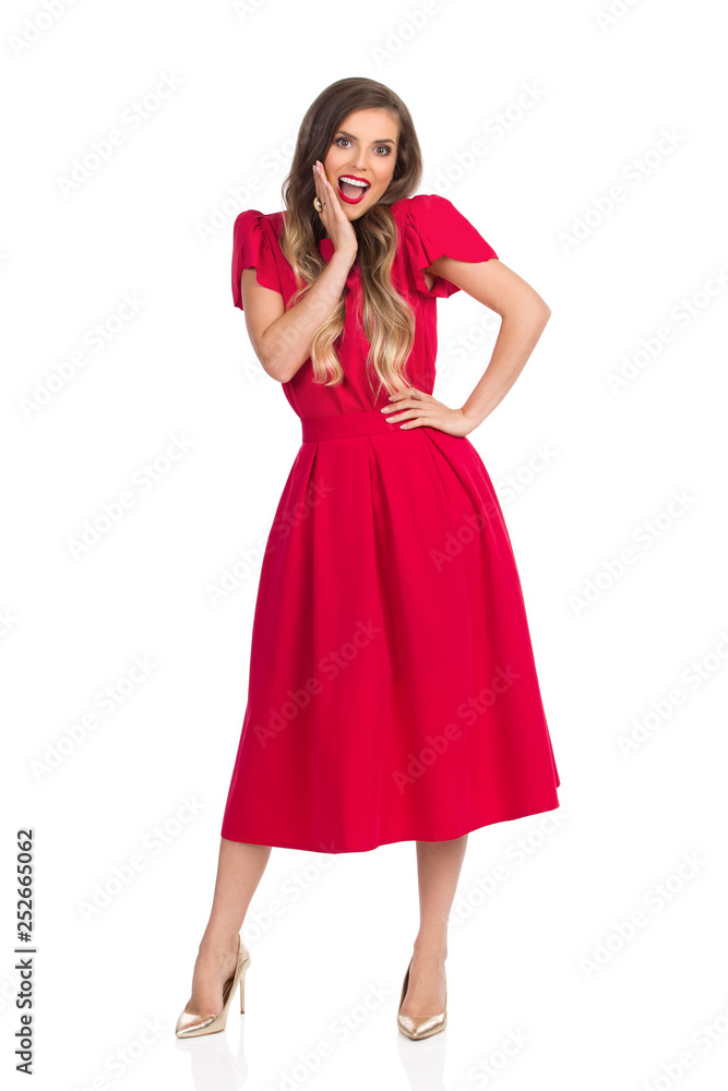 Surprised Elegant Woman In Red Dress And High Heels Surprised Elegant Woman In Red Dress And High Heels
