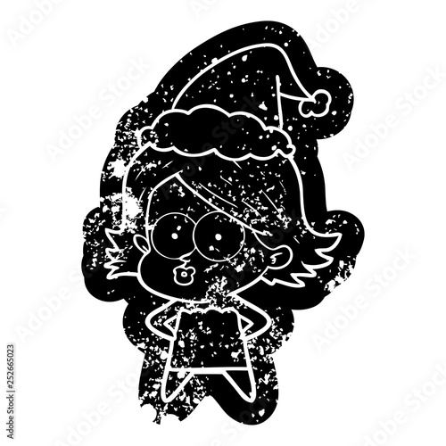 cartoon distressed icon of a girl pouting wearing santa hat