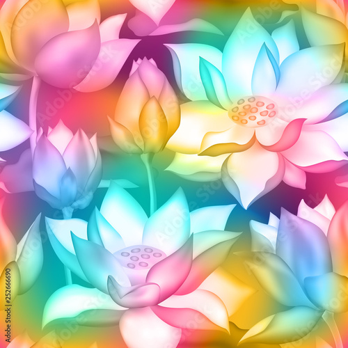 Lotus buds and flowers seamless fabric print., Water lilly nelumbo aquatic plant packaging design.