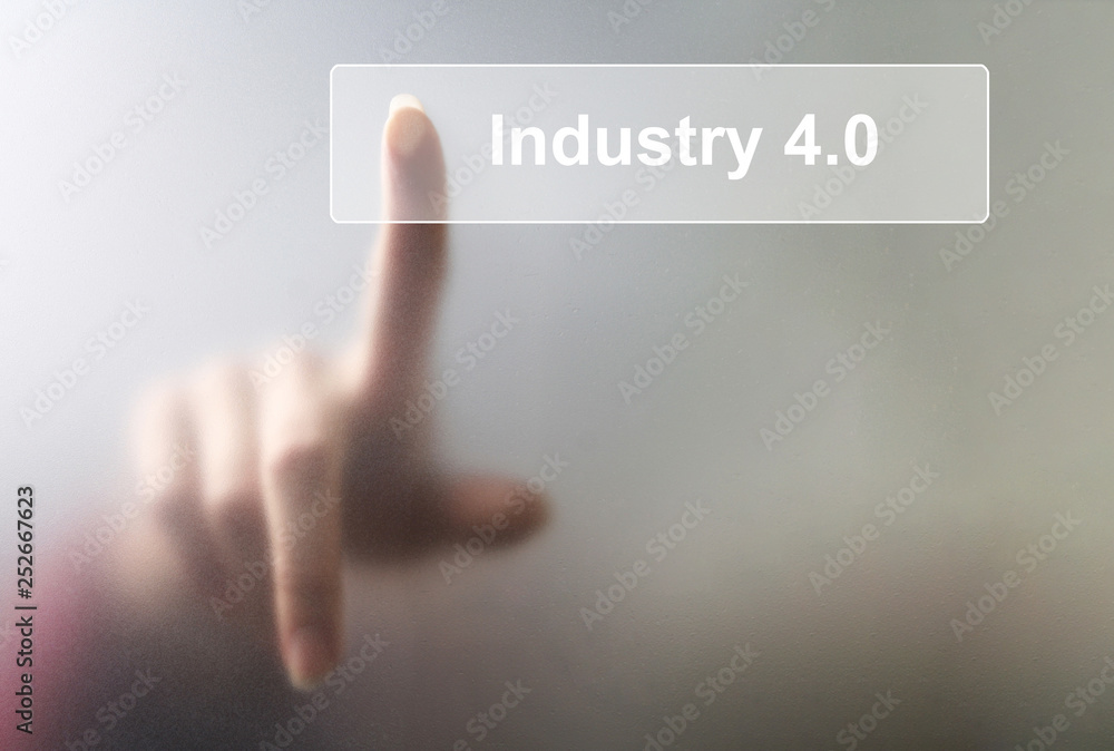 The woman clicked the button industry 4.0 On the touch screen The woman clicked the button industry 4.0 On the touch screen