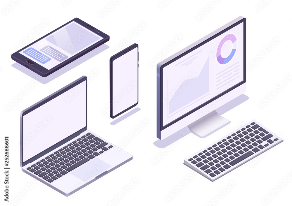 © stonepic - Isometric device set. Monitor, laptop, tablet, smartphone