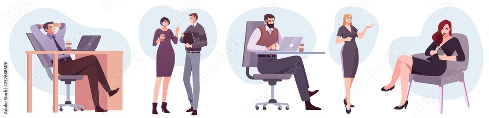 Flat style business people characters in workplace. Male and female persons in office room. Businessmen and businesswomen at work place.