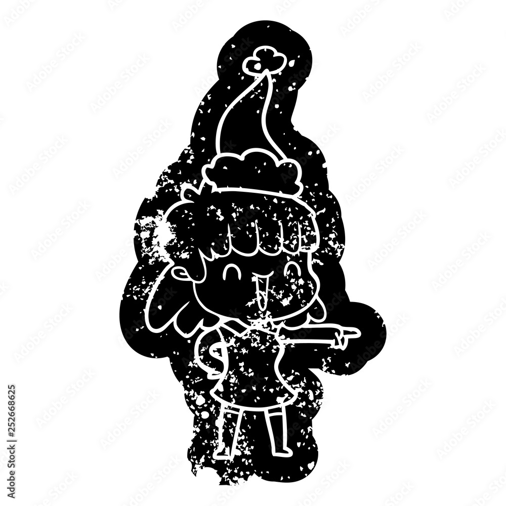 cartoon distressed icon of a happy girl wearing santa hat cartoon distressed icon of a happy girl wearing santa hat