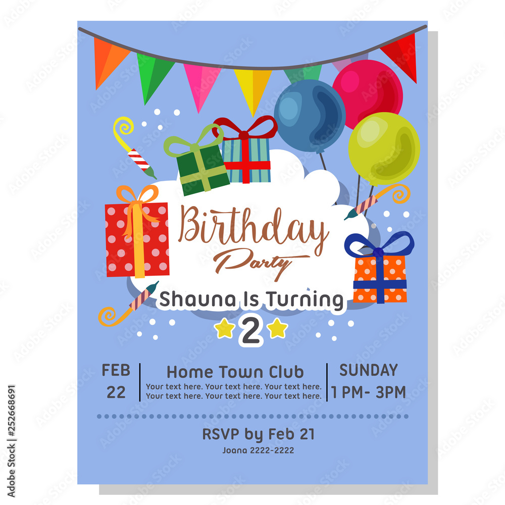 flat style 2nd birthday party invitation card with present box flat style 2nd birthday party invitation card with present box