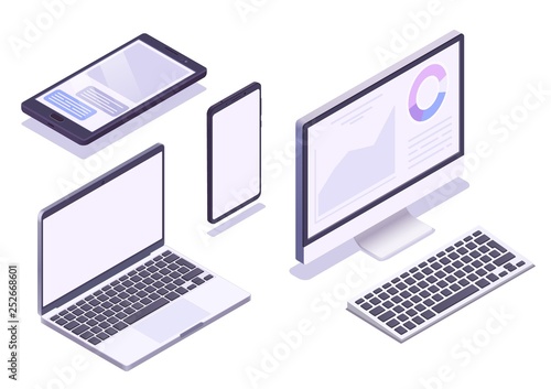 Isometric device set. Monitor, laptop, tablet, smartphone