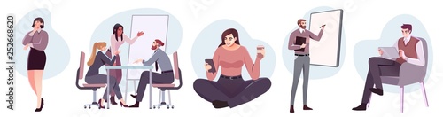 Flat style business people characters in workplace. Male and female persons in office room. Businessmen and businesswomen at work place.