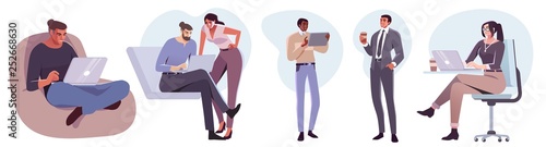 Flat style business people characters in workplace. Male and female persons in office room. Businessmen and businesswomen at work place.