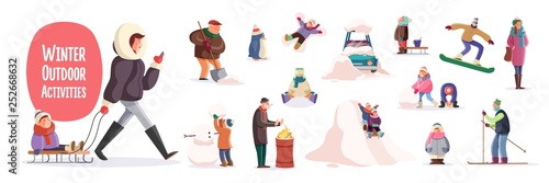 Flat cartoon characters performing winter outdoor activities
