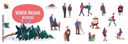 Flat cartoon characters performing winter holidays activities