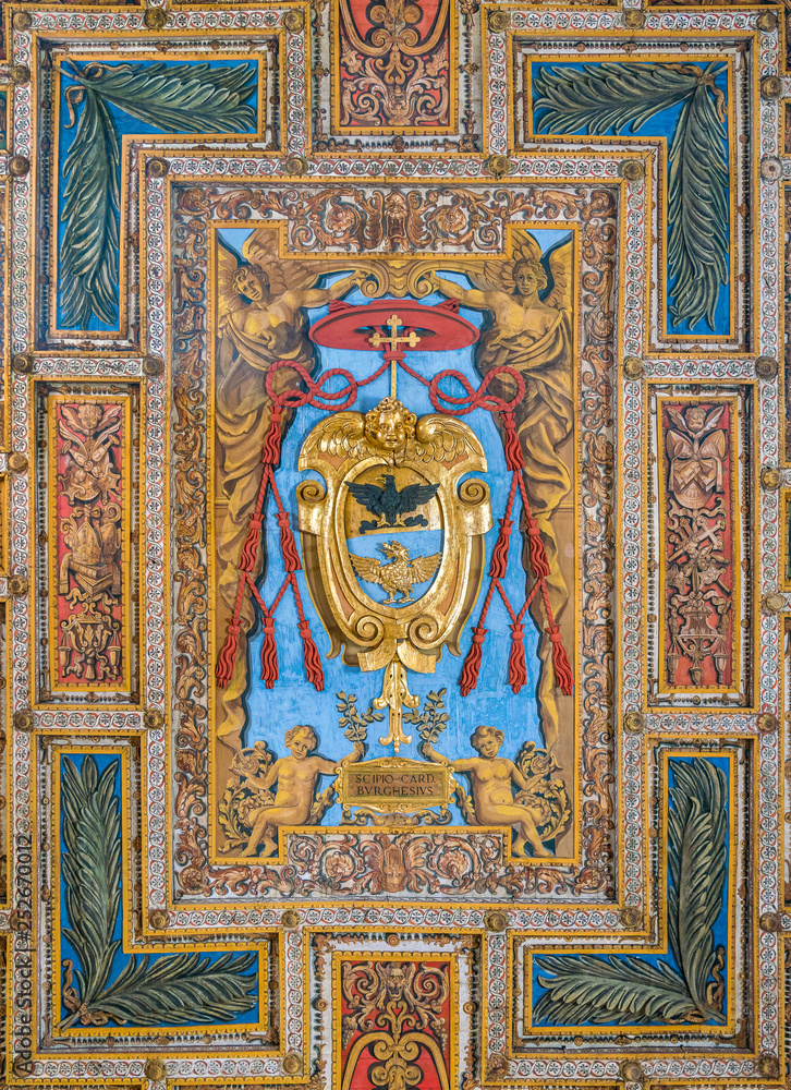 Coat of arms of Cardinal Scipione Borghese in the ceiling of the Basilica of San Sebastiano Fuori Le Mura, in Rome, Italy.