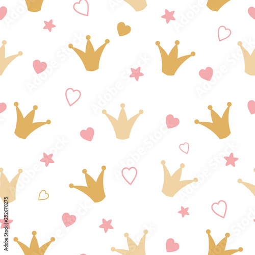 Repeated crowns and hearts drawn by hand gold pattern Romantic girl vector seamless background