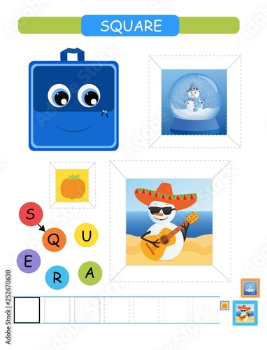 Learn shapes and geometric figures for preschool and kindergarten printable worksheet. Cartoon vector illustration - square.