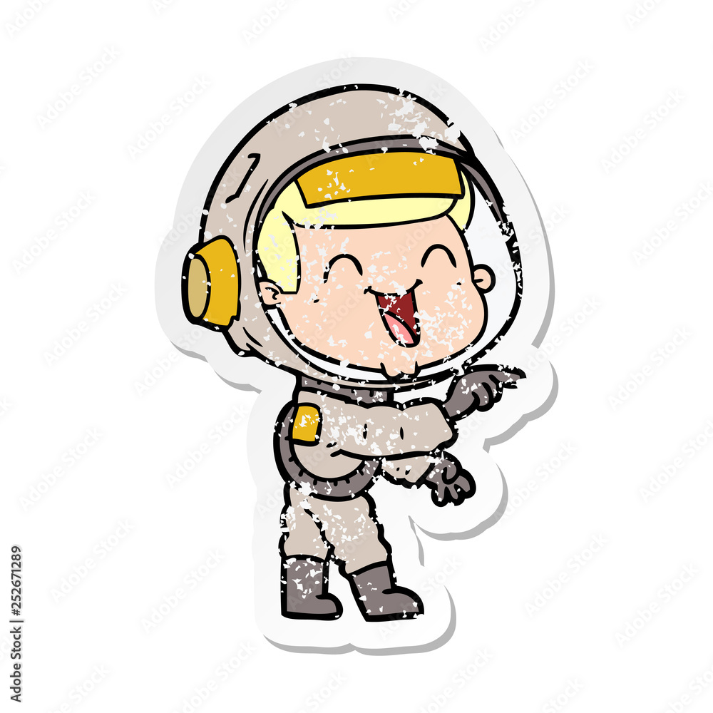 distressed sticker of a happy cartoon astronaut