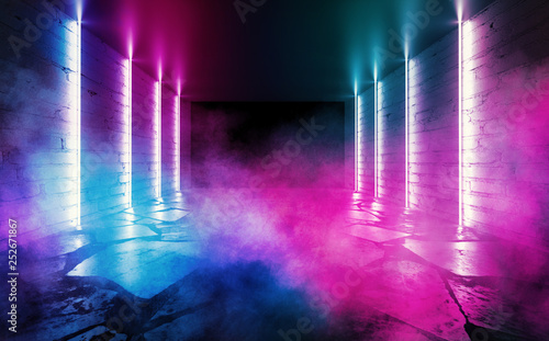 Background of an empty room with brick walls and neon lights, laser lines and multi-colored smoke © Laura Сrazy