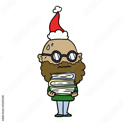 line drawing of a worried man with beard and stack of books wearing santa hat