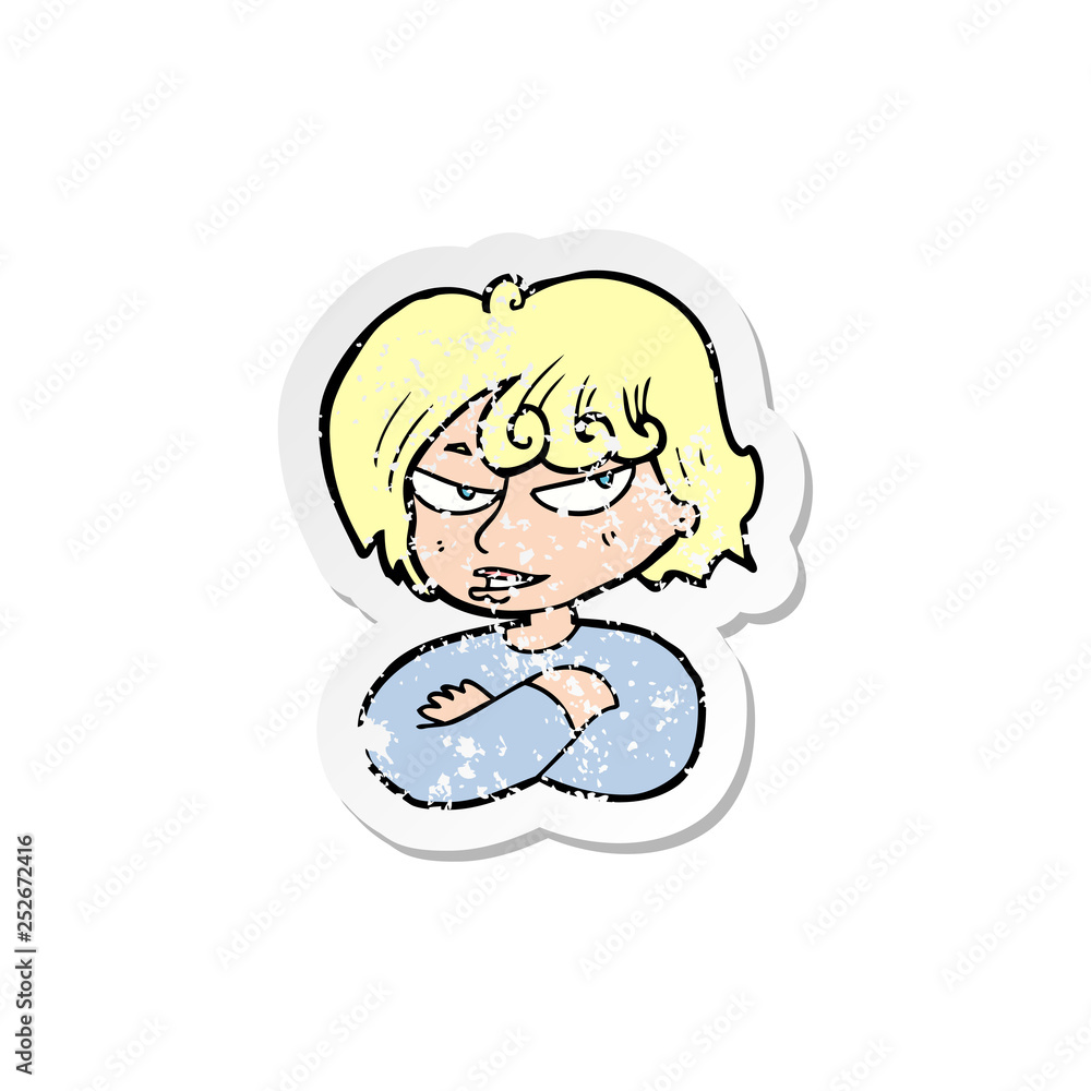 retro distressed sticker of a cartoon mean woman retro distressed sticker of a cartoon mean woman