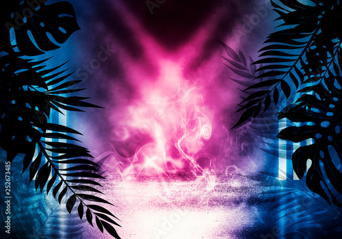 Background of an empty room with brick walls and neon lights. Silhouettes of tropical leaves  colorful smoke