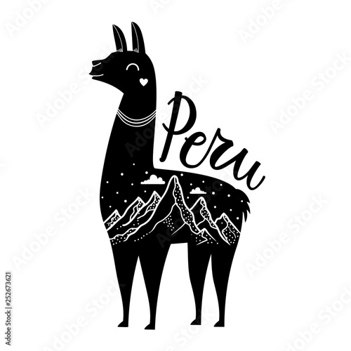 Vector illustration with smiley face llama, mountain landscape with clouds and snow and lettering word Peru.