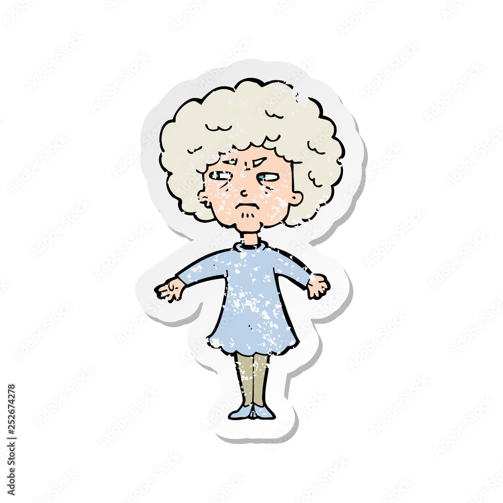 retro distressed sticker of a cartoon bitter old woman retro distressed sticker of a cartoon bitter old woman