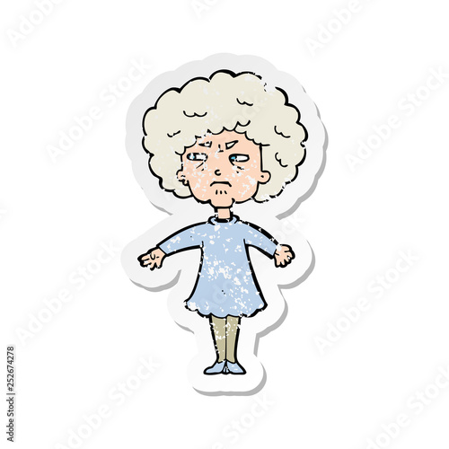 retro distressed sticker of a cartoon bitter old woman