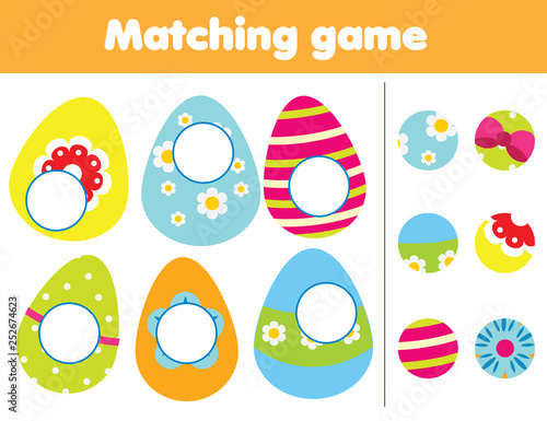 Matching children educational game. Find missing part of Easter eggs. Activity for kids and toddlers