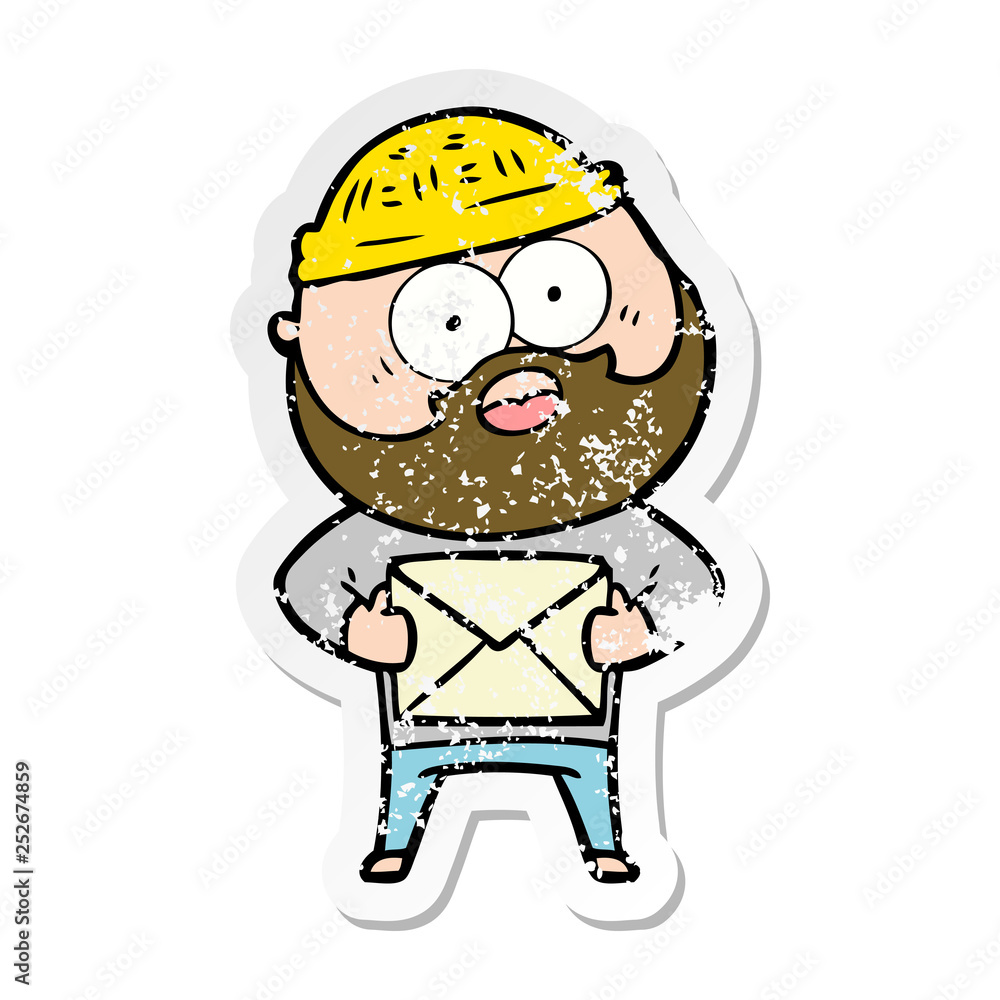 distressed sticker of a cartoon surprised bearded man holding letter distressed sticker of a cartoon surprised bearded man holding letter