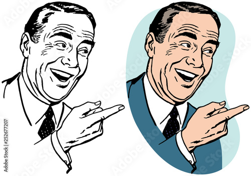A laughing businessman pointing to the right. 