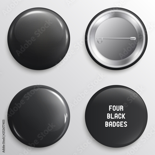 Vector blank black glossy badges or web buttons. Four different plastic pins, emblems, volunteer labels. Front and Back Side. 3d render. Vector.