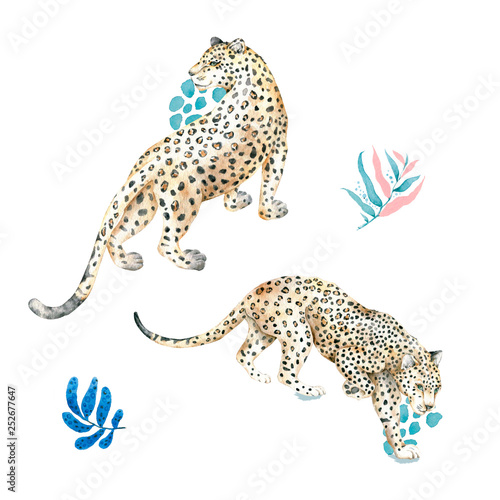 Photography Tropical cute wild cats illustration background with palm trees, leopard, hibiscus