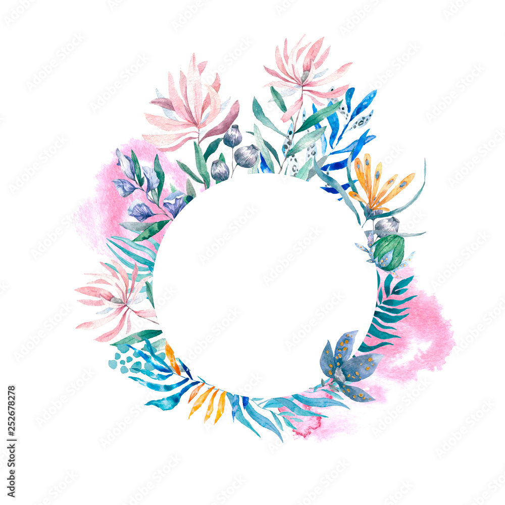 Fototapeta premium Watercolor exotic circle frame with tropical leaves, flowers and toucan for wedding, invite, birthday card. Isolated illustrarion summer colors on white background